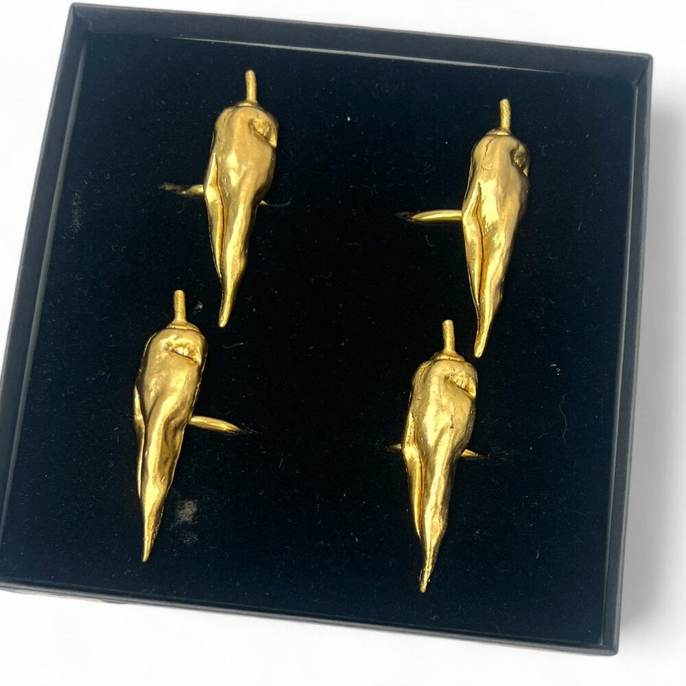 Artisan Handmade Metal Pepper Napkin Ring Chili Jalapeno Gold Tone Set of 4  New